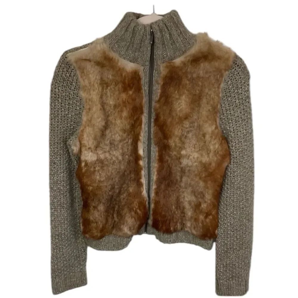 Zara Brown Rabbit Fur Wool Blend Full Zip Knit Turtleneck Sweater Jacket Size M
